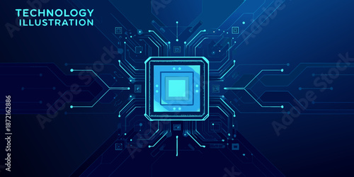 Abstract technology illustration featuring a central microchip with connecting circuit lines