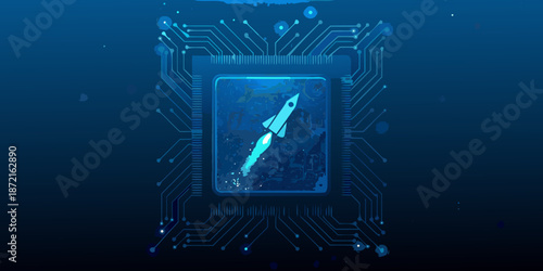A rocket ship within a microchip symbolizing technological advancement and space exploration