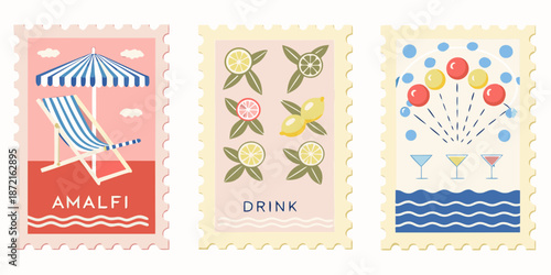 Colorful illustrated postage stamps featuring summer vacation themes and elements