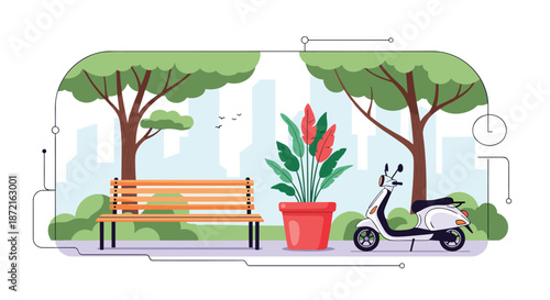 Peaceful city park scene featuring a wooden bench, a large potted plant, and a parked scooter against a skyline.