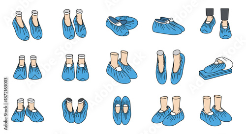 Various views and angles of feet wearing blue disposable medical shoe covers used for hygiene in clinical settings.
