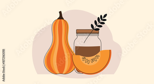 Composition featuring a whole butternut squash, a sliced piece of pumpkin, and a glass jar of homemade preserve.