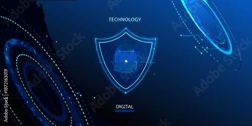 Futuristic digital security shield with glowing lines and technological background