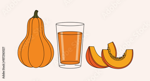 Still life arrangement of a whole pumpkin next to a tall glass filled with fresh orange juice and slices.