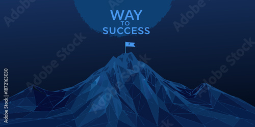 The path to success illustrated with a mountain and a flag