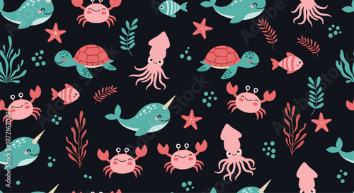Fun seamless pattern featuring various sea creatures like whales, crabs, turtles, and octopuses on a dark background.