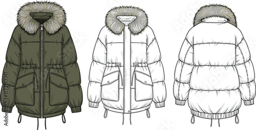 Winter parka jacket cad drawing flat vector illustration front back views fur hood women insulated coat fashion technical apparel design outerwear winter clothing artwork