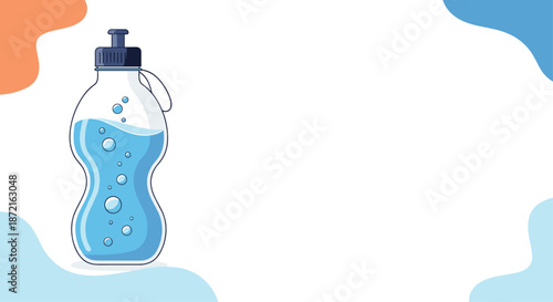 Reusable plastic water bottle with blue liquid and bubbles isolated against a soft blue and orange background.