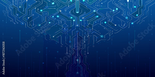 Abstract digital tree with glowing blue circuit board network and data streams