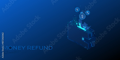 Digital money refund concept with glowing coins and a futuristic wallet