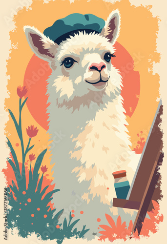A Llama wearing a beret painting a self-portrait. 'Creative Artist' concept. Whimsical flat vector