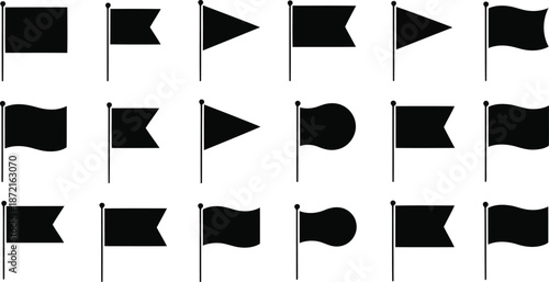 Collection of black flag icons on flagpoles displaying various shapes and styles against a clean white background