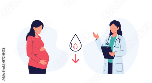 Pregnant woman consulting with a female doctor regarding a concern illustrated by a drop of blood and arrow.