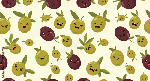 Cheerful seamless pattern with adorable cartoon olives of various colors showing different funny facial expressions.