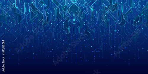 Abstract digital circuit board background with glowing blue lines and particles