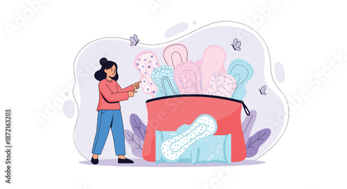 Young woman pointing at a large bag filled with various sanitary pads and feminine hygiene products.