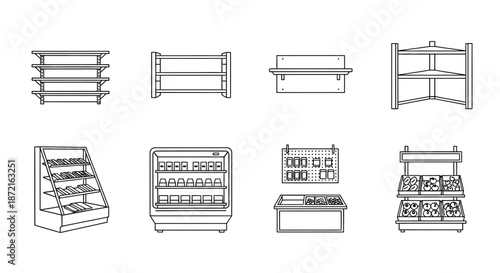 Various types of shelving units and display cases