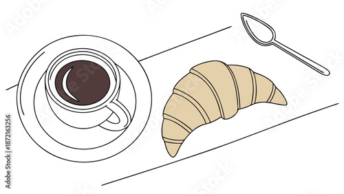Minimalist Line Art of Morning Coffee Break with Pastry