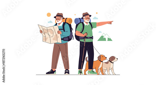 Two senior hikers with backpacks and maps exploring a mountain trail with their pet dogs.
