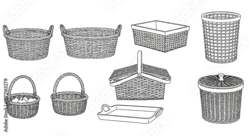 Collection of woven baskets in various shapes and sizes