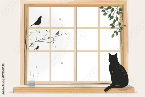 Cat Watching Birds from Window stock image isolated vector style