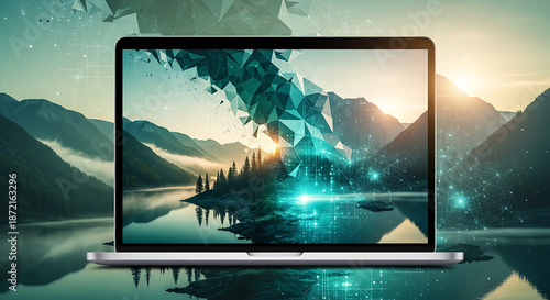 Digital transformation of a serene mountain lake landscape on a laptop screen