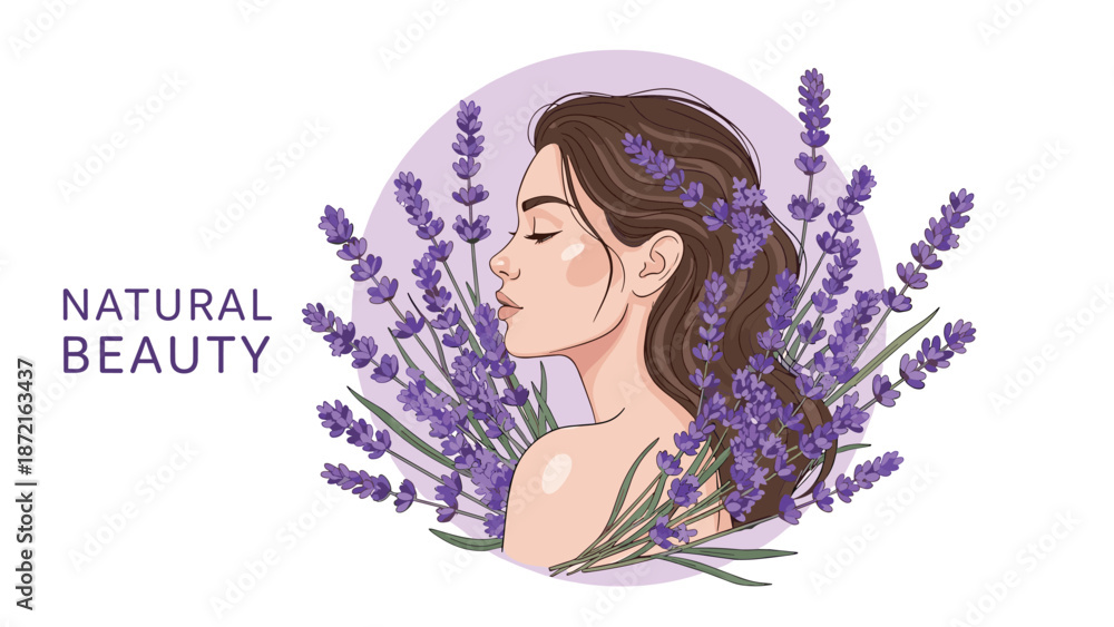 Obraz premium Artistic profile portrait of a woman with long wavy hair and lavender sprigs featuring natural beauty text on a purple circle.