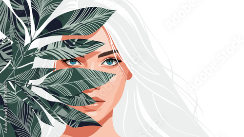 Artistic portrait of a beautiful young woman with white hair partially hidden behind lush green tropical leaves on white background.