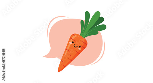Happy cartoon carrot with a smiling face inside a soft pink speech bubble on a white background.