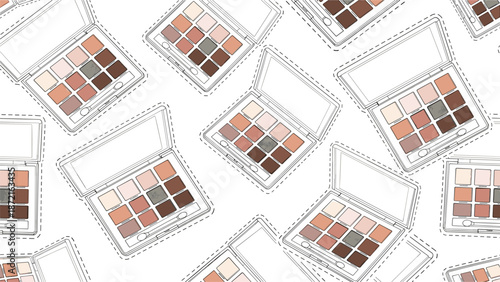 Trendy seamless pattern of open makeup eyeshadow palettes in various neutral brown tones over a plain white background for design.