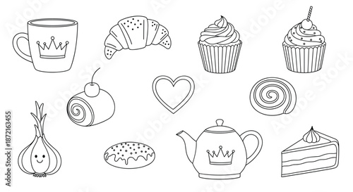 Collection of various sweets and tea time items like cupcakes, croissants, and a teapot in a line art style.