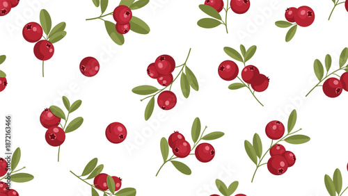 Seamless pattern of small red cranberries and green leaves artistically arranged on a clean white background for fabric prints.