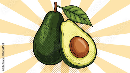 Pop art style illustration of a whole green avocado and a half showing its large pit on a yellow radial sunburst background.