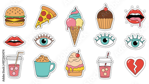 Collection of colorful sticker illustrations featuring various fast food items, lips, eyes, and sweet drinks on white background.