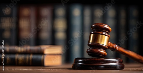 Close-up of gavel on stand with books in background. Symbol of justice and legal decisions
