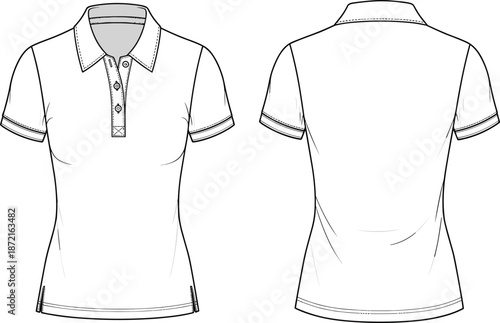Women polo shirt cad drawing flat vector illustration front back views, short sleeve collar top technical fashion apparel template isolated white background design outline
