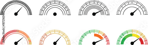 Speedometer and gauge meter icon set showing performance levels, indicators, and dials in black and color variations for dashboard designs