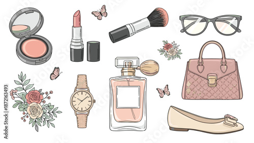 Set of elegant women beauty and fashion accessories including makeup, perfume, jewelry, shoes, and a stylish pink handbag.