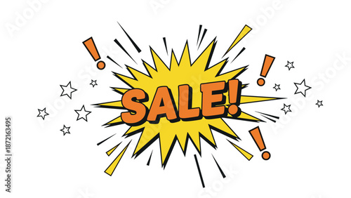 Bright comic book style sale burst with yellow and orange colors, exclamation marks, and white stars for promotional designs.