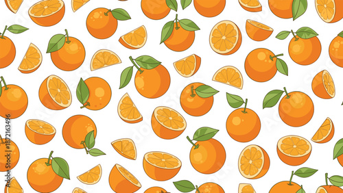 Vibrant seamless pattern featuring whole oranges, half slices, and wedges with green leaves over a clean white backdrop for print.