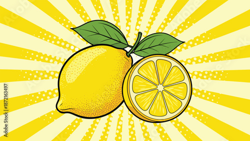 Pop art illustration of a whole yellow lemon and a cross-section slice on a bright yellow radial sunburst background for advertising.