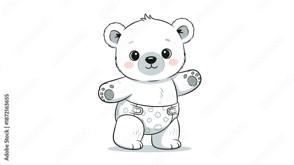 Fototapeta premium Adorable illustration of a smiling baby polar bear cub wearing a patterned diaper and standing with open arms.