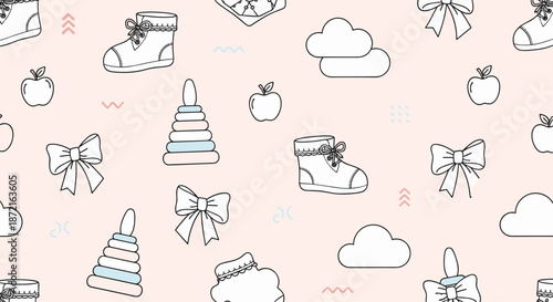 Charming seamless pattern of baby objects like shoes, toys, and apples in a sketch style on a soft pink background.
