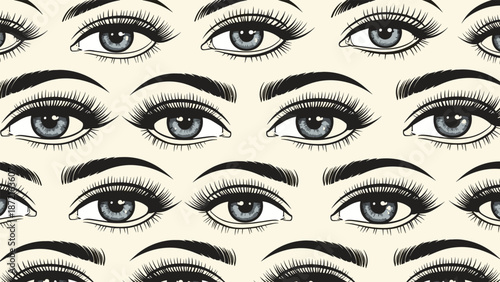 Intricate seamless pattern of stylized human eyes with long lashes and defined eyebrows on a vintage cream background.