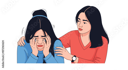 Compassionate woman comforting her crying friend by placing a hand on her shoulder and providing emotional support.