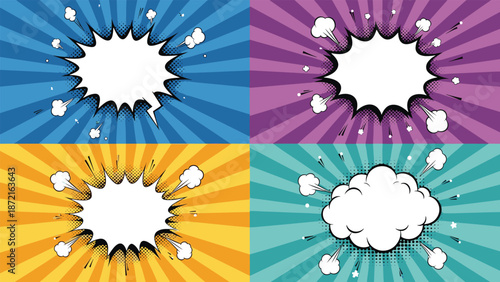 Collection of four vibrant comic book explosion backgrounds in blue, purple, yellow, and teal colors with white clouds.