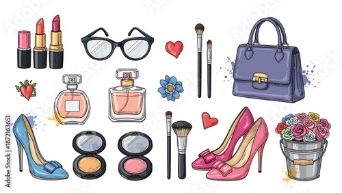 Stylish collection of hand-drawn feminine fashion items including high heels, a handbag, perfume, and makeup products.