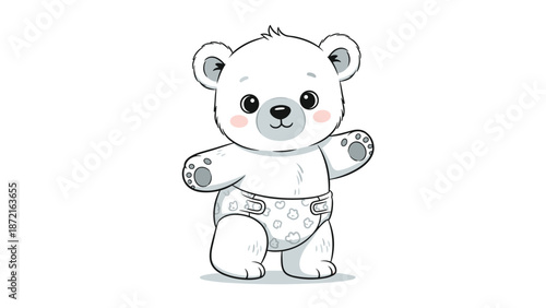 Adorable illustration of a smiling baby polar bear cub wearing a patterned diaper and standing with open arms.