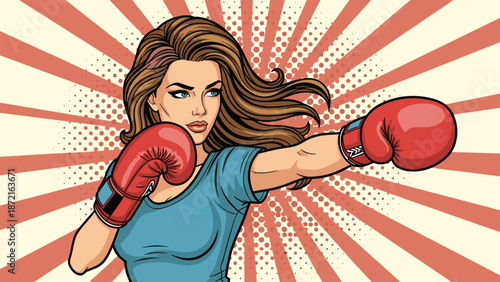 Strong female boxer with long brown hair throwing a punch wearing red gloves on a vintage starburst background.