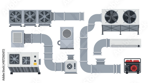 A comprehensive collection of various HVAC components, including air conditioning units, ducts, and a generator, is presented as a diagrammatic set.